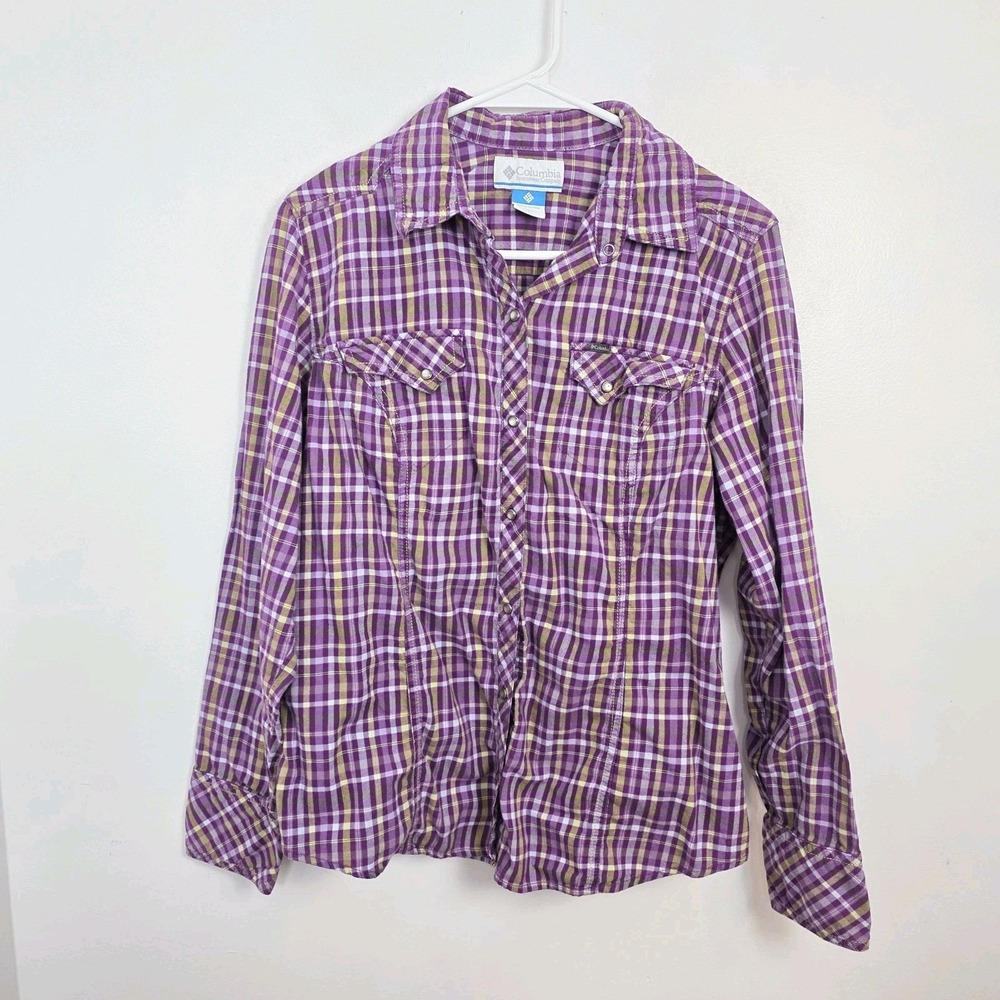 Columbia‎ Purple Yellow White Plaid Pearl Snap Fitted Long Sleeve Shirt Size L